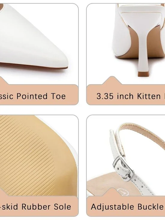Women's White Pu Kitten Heels Slingback Pump Pointed Toe Stiletto Shoes - Picture 5 of 7
